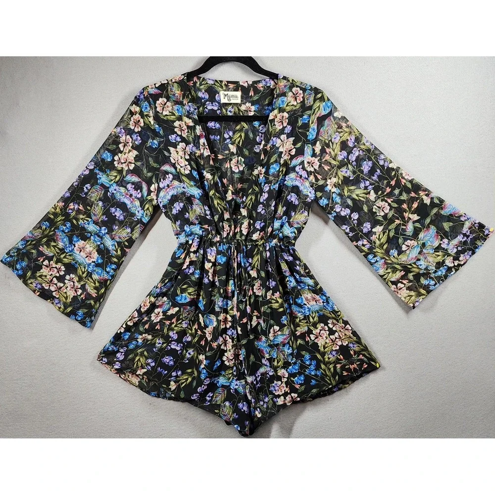 Show Me Your Mumu Romper Womens‎ Medium Black Floral Roxy Long Sleeve USA